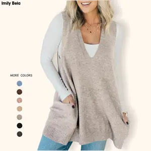 Imily Bela Womens Sleeveless Sweater Vest V Neck Casual Loose Knit A Line Flattering Tunic Top with Pockets