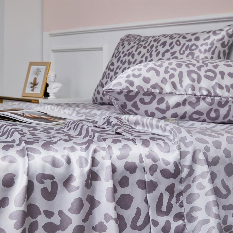 BEKRVIO- 4-Piece Purple leopard Soft Satin Sheet Set Faux Silky Bedding and Pillowcases Cooling & Wrinkle-Free  Fitted  Deep Pocket King Queen Twin Size Skin-friendly & Hair-Protective Low-Friction Cool Touch Breathable Heat-Dissipating Bed Sheet Set