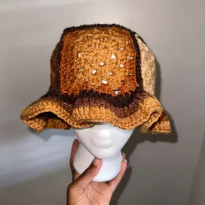 Crochet Bucket Hat (Caramel Mocha) - Handmade Crochet Ruffle Design, Unisex, Durable & Breathable, Perfect for Outdoor Activities