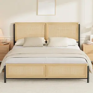 King Size Boho Bed Frame, Natural Rattan Headboard & Footboard, Wooden Platform – No Box Spring, Noise-Free, Easy Assembly Mattress Foundation