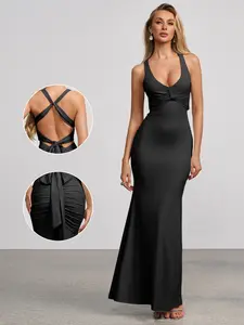 Azazie Zinnia V-Neck Twisted Mermaid Lace-up Back Bodycon Knit Maxi Dress