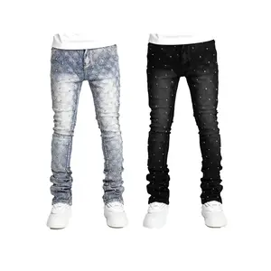 Denim Fashion Personality Straight Men's Pants European and American Fashion Ins Hot Elastic Pearl Denim Layered Men's Pants Jean Menswear Trouser Streetwear Plain Beige Wetsuit Motocross Blue patch  pants