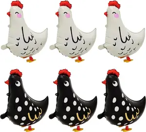 6Pcs Walking Pet Chicken Foil Balloons for kids gift,Standing Animal Mylar Balloon,Supplies Animal Theme Birthday Party Decorations Baby Shower (3Pcs white chicken 3Pcs black chicken)