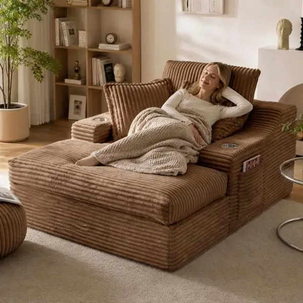Oversized Chaise Lounge Chair Indoor,Upholstered Sleeper Sofa Bed,Boneless Reading Chair with Cup Holders,Lounge Chaise with Side Pockets,Deep Seat Corduroy Cloud Sofa Couch for Living Room Bedroom