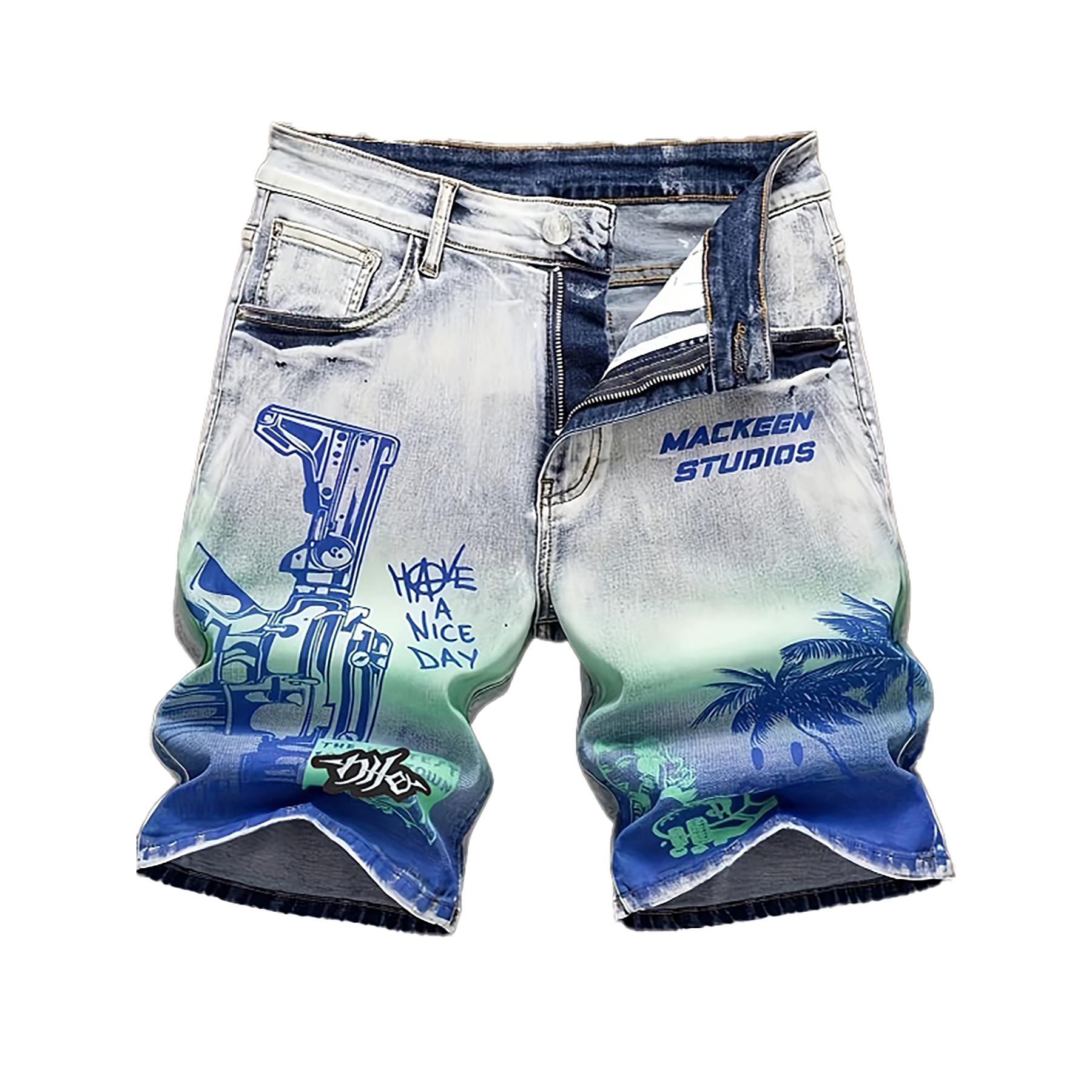 Men’s summer straight-leg blue distressed denim shorts with European/American fashion prints