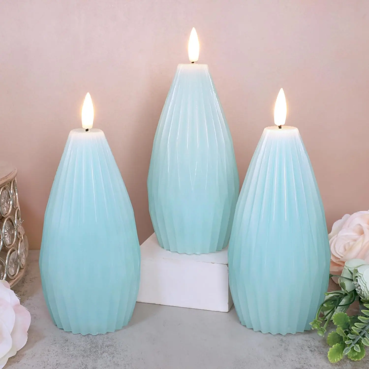 Impress Life Blue Flameless LED Candles - Remote & Timer, Ribbed Real Wax Battery Operated Flickering Ambient Decor Lighting for Wedding Holiday Home Use, Home Decor Light, Led Candler