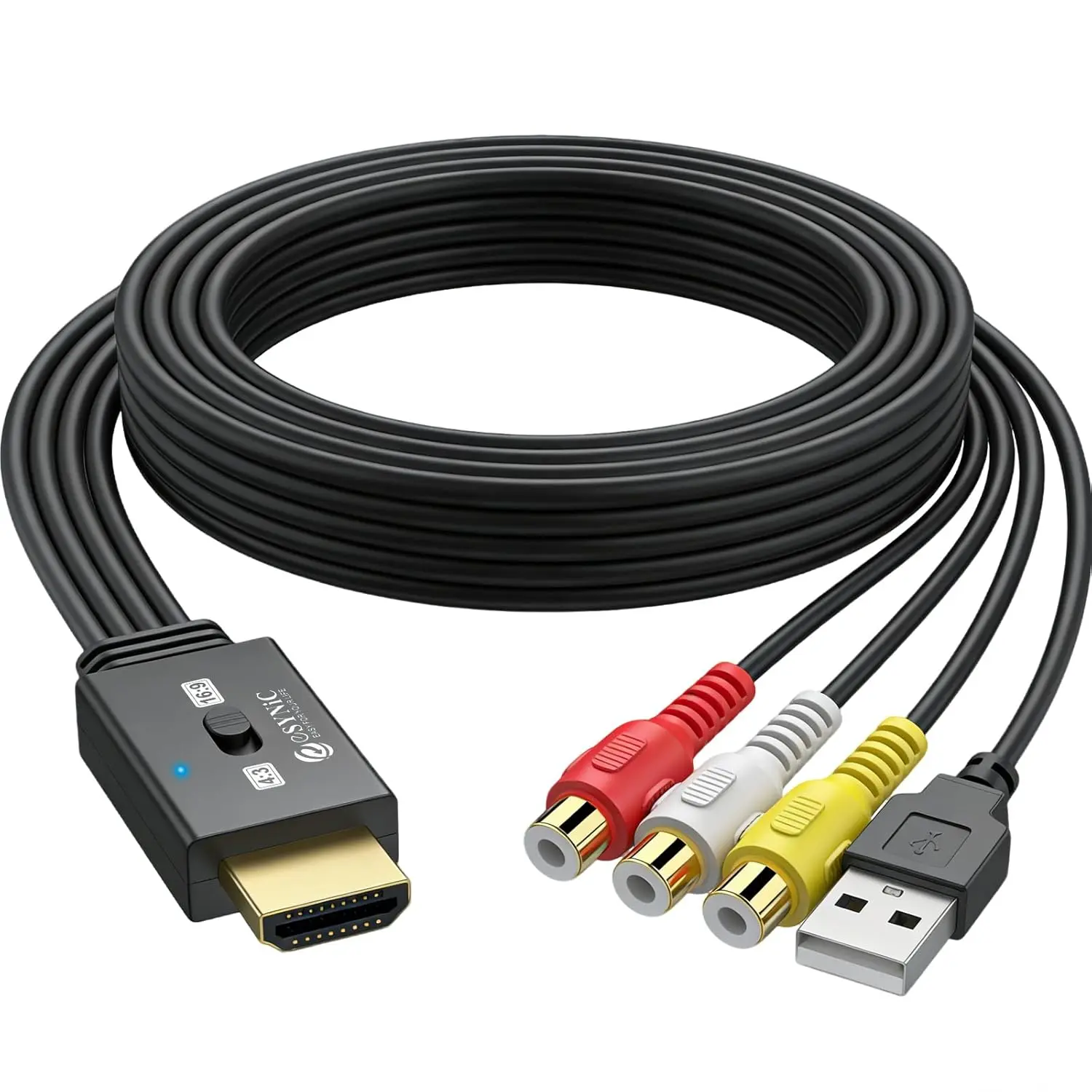 eSynic Professional RCA to HDMI Converter 1080P@ 60Hz AV to HDMI Adapter with 4:3/16:9 Switch-Built-in 2ft RCA Female Cable & HDMI Male for Wii/PS2/N64/PS1/VCR/DVD– Plug & Play-Not Bi-Directional