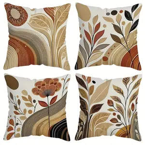 4pcs, Bohemian Throw Pillow Covers, Bohemian Floral & Leaf Design, Brown Earthy Tones, Suitable Living Room, Bedroom, Sofa and Bed Decoration, Spring Decoration, Cheerful Home Accents, Single Sided Printing, No Pillow Core