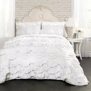 Kemmy Set, 3 Piece Set Full/Queen, White - Ruffled Bedding Set - Queen Size Full - White Bedding - Coquette Decor