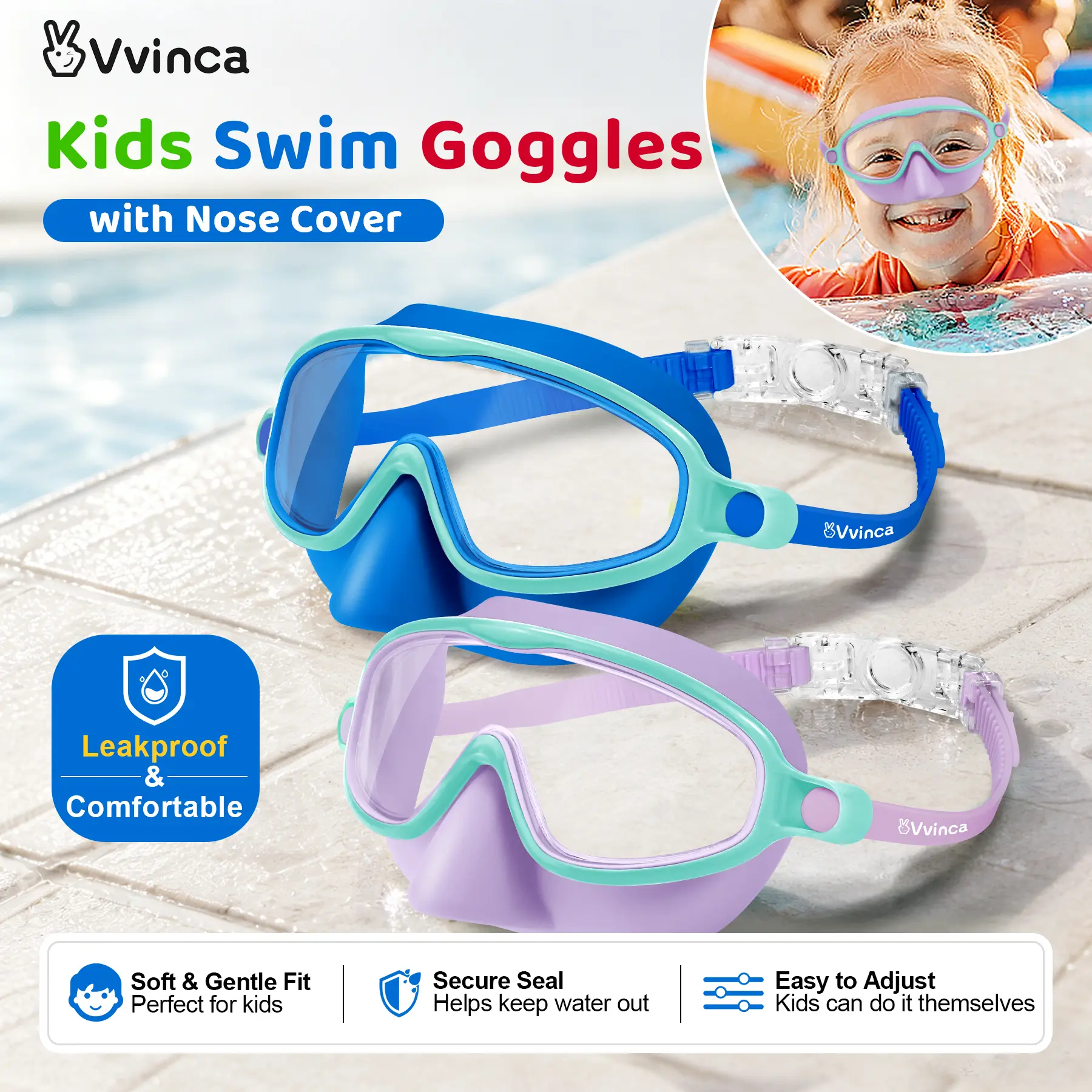 Vvinca Swim Goggles 2 Pcs with Nose Cover for Ages 3-6/6-12+ Kids, Youth,UV Protection Anti-Fog Wide View Anti-Shattered Lens for Boys and Girls - for Outdoor, Lake,Beach,Summer Party(Please refer to the size chart, it is not solely based on age.)