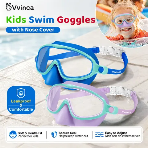 Vvinca Adjustable Kids Swim Goggles (2 Pcs) with Nose Clip & Cover, Flexible, US Patent, UV-Safe Lens Coat, Anti-Fog, Wide-View Lenses, Anti-Shattered, See More, for 3-6/6-12+ Age Groups,Outdoor Beach Use (Check Size Chart Not Solely Age-Based),outdoorfun