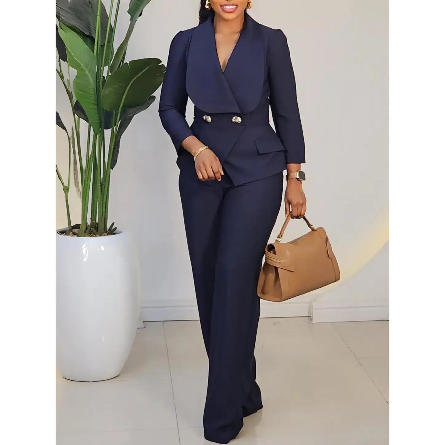 Women's Plus Size Lady 2-Piece Blazer Pant Set - Longsleeves, V-Neck, Peplum Waist, Ankle-Length Loose-Fit Wide Leg Trousers, Fitted Commuting Wear, Elegant, Solid, Plain, Basic, Chic Wide‑Leg Look
