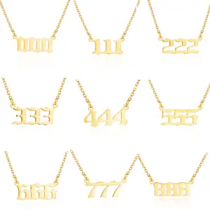 Old English Angel &amp; Number Necklace Numerology Jewelry for Women  Plated Stainless Steel