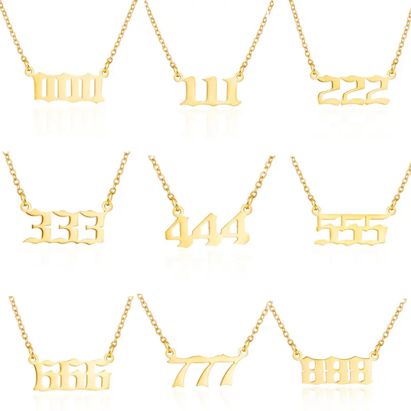 Old English Angel &amp; Number Necklace Numerology Jewelry for Women  Plated Stainless Steel