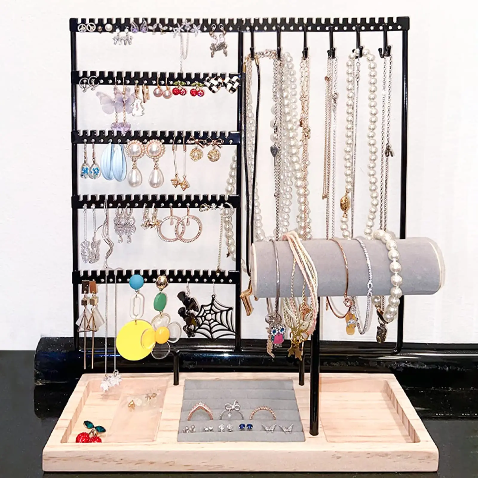 5-Tier Metal Earring Holder Jewelry Tower Rack with Wooden Storage Tray, 108-Hole Ear Stud Display, 12 Necklace Hooks, Insert-Ready Desktop Organizer for Girls, Mothers – Ideal Gift for Earrings, Bracelets, Rings, Watches, Sturdy, Wood & Metal