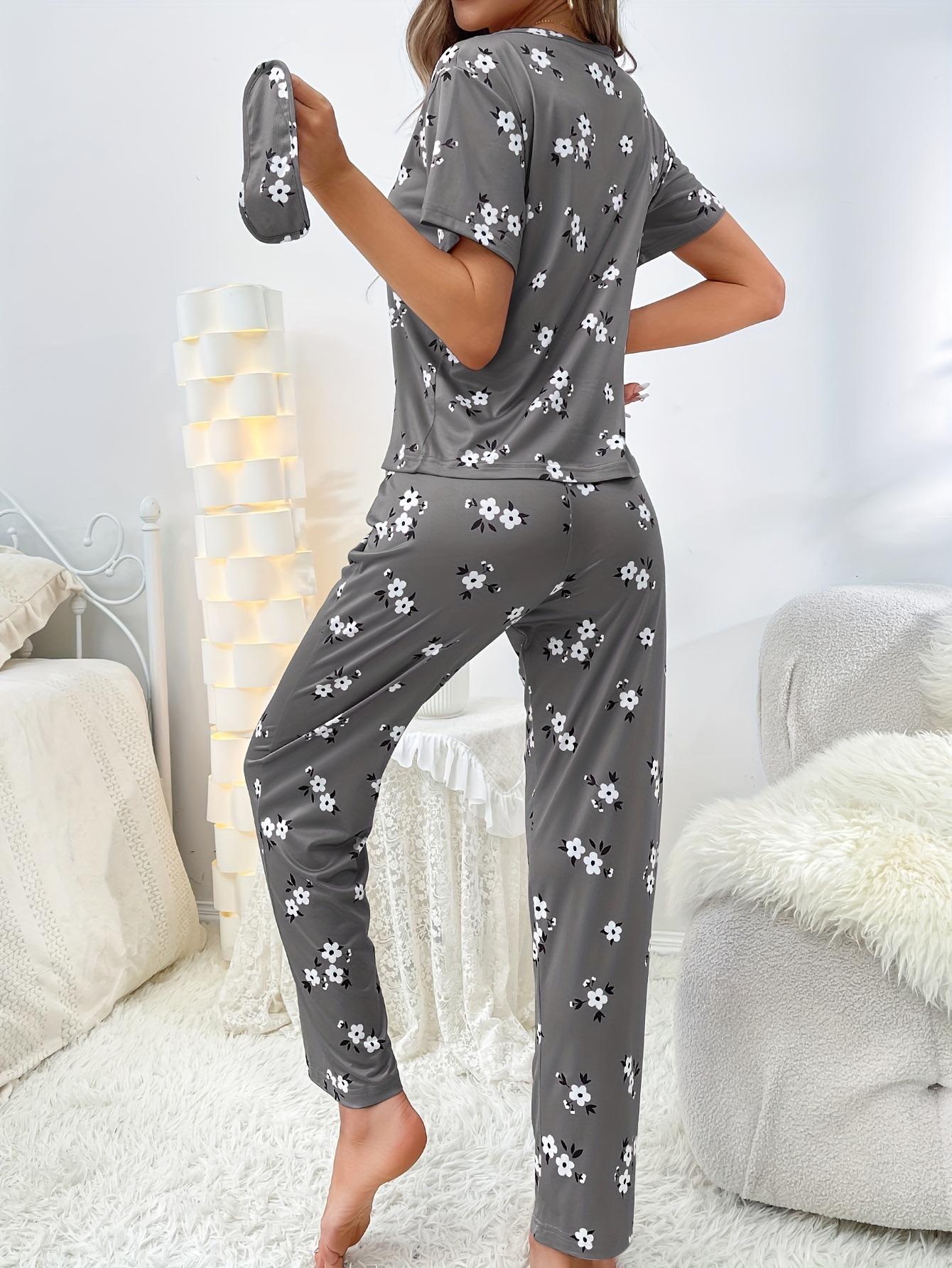 Womens Summer Sleepwear Set - Printed Round Neck Short Sleeve Top and Pants - Comfortable Home Pajama Two-Piece