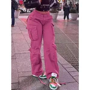 Tween Girls Y2K Pink Stonewashed High Waist Flap Pocket Baggy Straight Leg Cargo Jeans