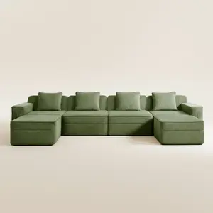 Boneless Couch – 4 Seater with 2 Ottomans, Olive Green