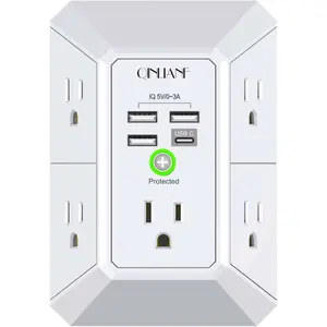 Surge Protector Power Strip with 5 Outlets and 4 USB Ports, 3-Sided Multi Plug Wall Charger Extender 1680J, Space Saving Electrical Outlet Adapter for Home Office Travel, Fast Charging USB Power Strip