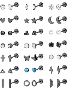 Tiny 21 Pairs Black Hypoallergenic Flat Back Stud Earrings Stylish 304 Surgical Stainless Steel Earrings for Women Men for Sensitive Ears Cartilage Earring Small Studs Earrings Set Stacks Screw Back Earrings Piercings