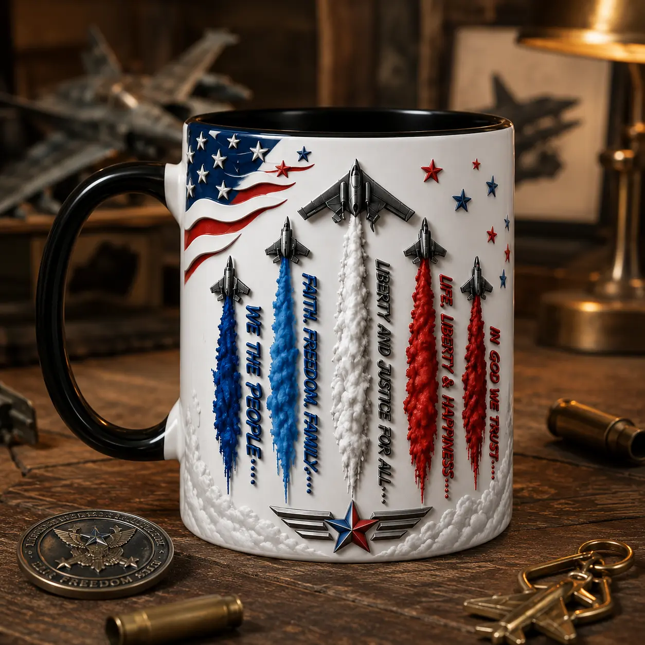 Ceramic 3D Effect We The People Beverage Mug - Classic Patriotic Fighter Jet Coffee Drinkware, American Flag Cup, Washable Veteran Gift for 4th of July, Veterans Day, Inspiring American Values
