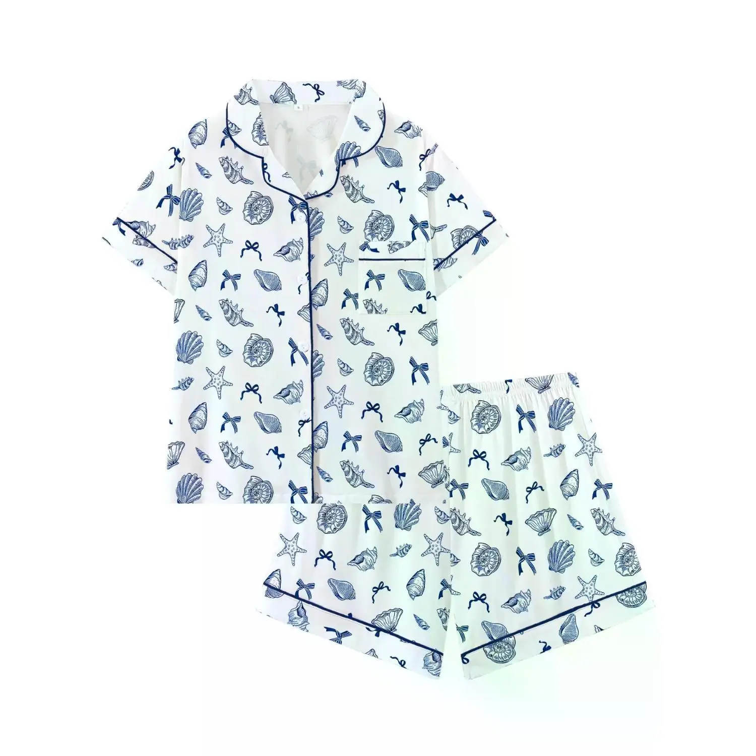 Mermaidcore Seashell Print Pajama Set for Women | Coastal Chic Starfish & Bow Sleepwear | Summer Beach Vacation Button-Down Lounge Set | Soft 2-Piece Nautical PJs | Cozy Ocean-Themed Nightwear Gift