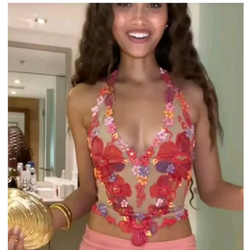 Women's Floral Print Halter Top - Sleeveless Sheer V-Neck Backless Tank Top for Summer