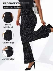 Plus Size Sequin Flare Pants for Women, Elastic Waist Knit Fabric Long Leggings, Fashionable Design, Comfortable Casual Wear