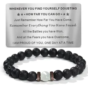 Inspirational Stone Beaded Bracelet Set for Men & Women - Sobriety Anniversary Gift with Motivational Card, Strength & Love Symbol for Recovery Milestone