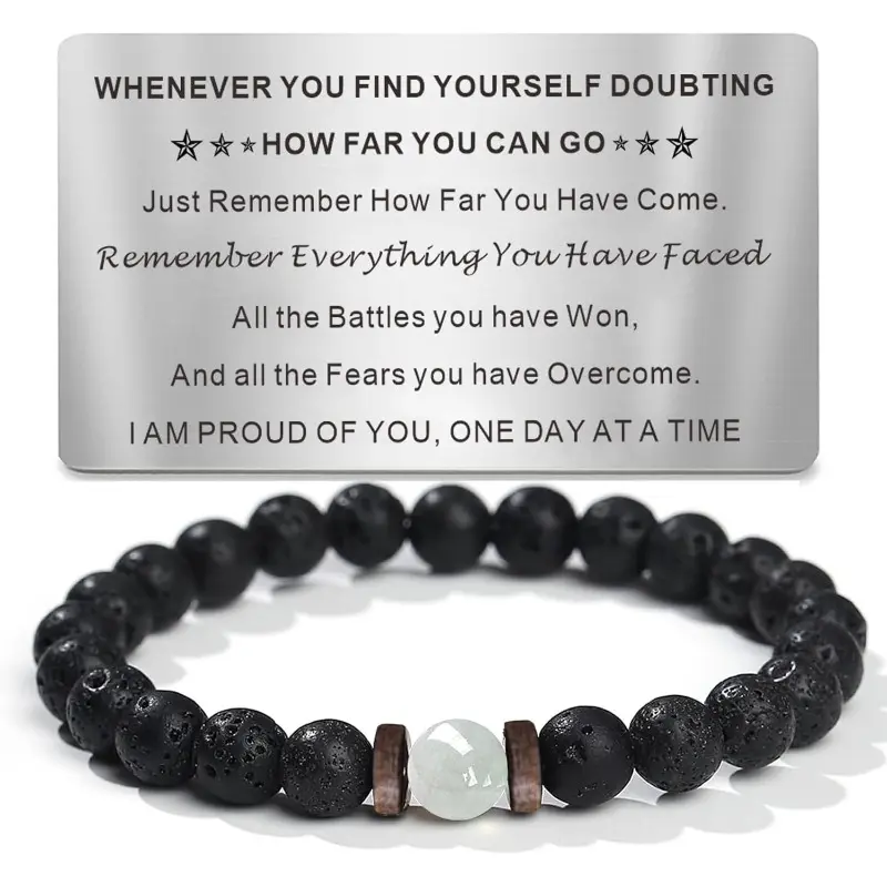 Inspirational Stone Beads Bracelet Set - Men's Accessories, Adjustable Size, Stretch, Sentimental Boyfriend Gifts, Mens Gifts, Sobriety Milestone, Motivational Card, Strength & Love Symbol, Casual Daily Wear, Milestones, Volcanic Rock, Gifts For Him, Fath