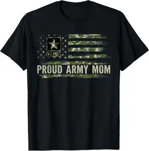 Vintage Proud Army Mom Camouflage American Flag Blessed Veteran Gifts Casual Short Sleeve Cotton T-shirt