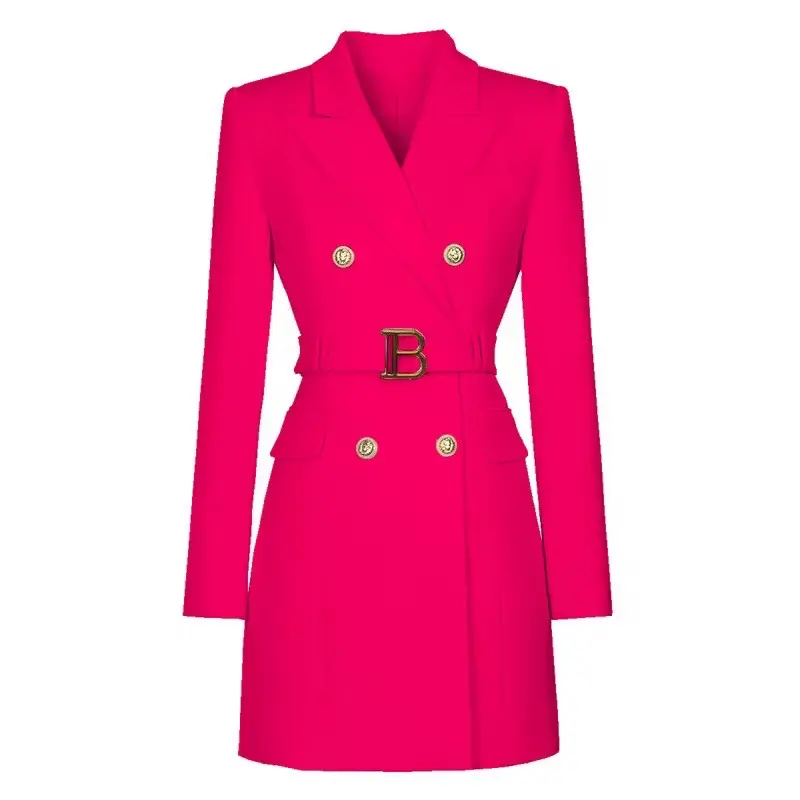 Women's Long Sleeve Buttons Double Blazer Jacket 2025 New Office Lady Designer Breasted Belted Blazer Dress Spring Autumn