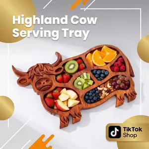 Highland Cute Cow Wooden Charcuterie Board, Wooden Cow Food Platter Appetizer Board for Snack Fruit Meat Cheese Home Party Banquet Family Gathering Dining Table Holiday Kitchen
