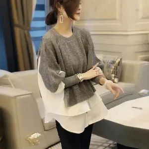 European Sweater Patchwork Shirt Pullover Fake Two-piece Set, Women's Autumn and Winter New Fashion Loose Knitted Pullover Top