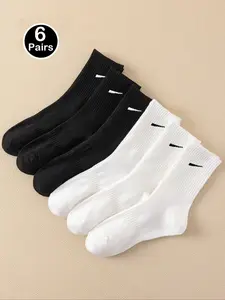 6 Pairs Plain Mid-Calf Socks, Breathable Sporty Athletic Sports Socks, Tube Socks, Unisex Casual Fashion Socks for All Seasons
