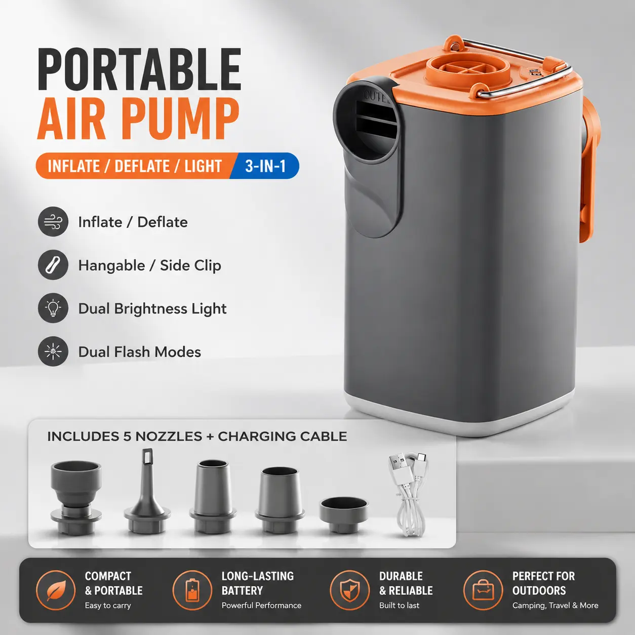 Portable Electric Mini Air Pump for Inflatables-Camping Light,USB Rechargeable,5 Universal Nozzles,Carabiner Clip,1200mAh Rechargeable-Fast Inflate/Deflate Pool Float/Air Mattress Bed/Vacuum Bag Home Storage,Suitable for outdoor camping（Khaki）