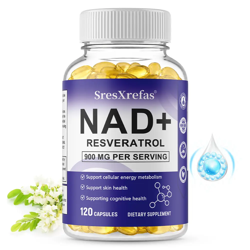 NAD+ Resveratrol health supplement, supports brain function, and supports skin and cellular health. 120 Capsules