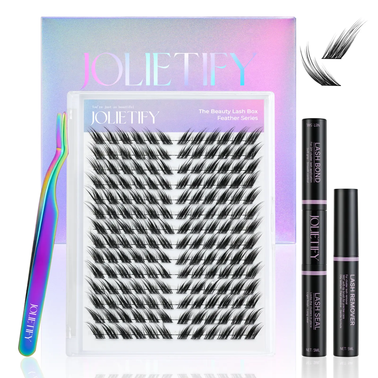 JOLIETIFY Lash Extension Kit, Swan,Foxy Layered Style, Holo Luxe Edition, Pre-mapped Faux Mink Clusters, Lightweight & Barely-There Feel, Waterproof Bond & Seal, Individual Lashes, Tweezers & Remover
