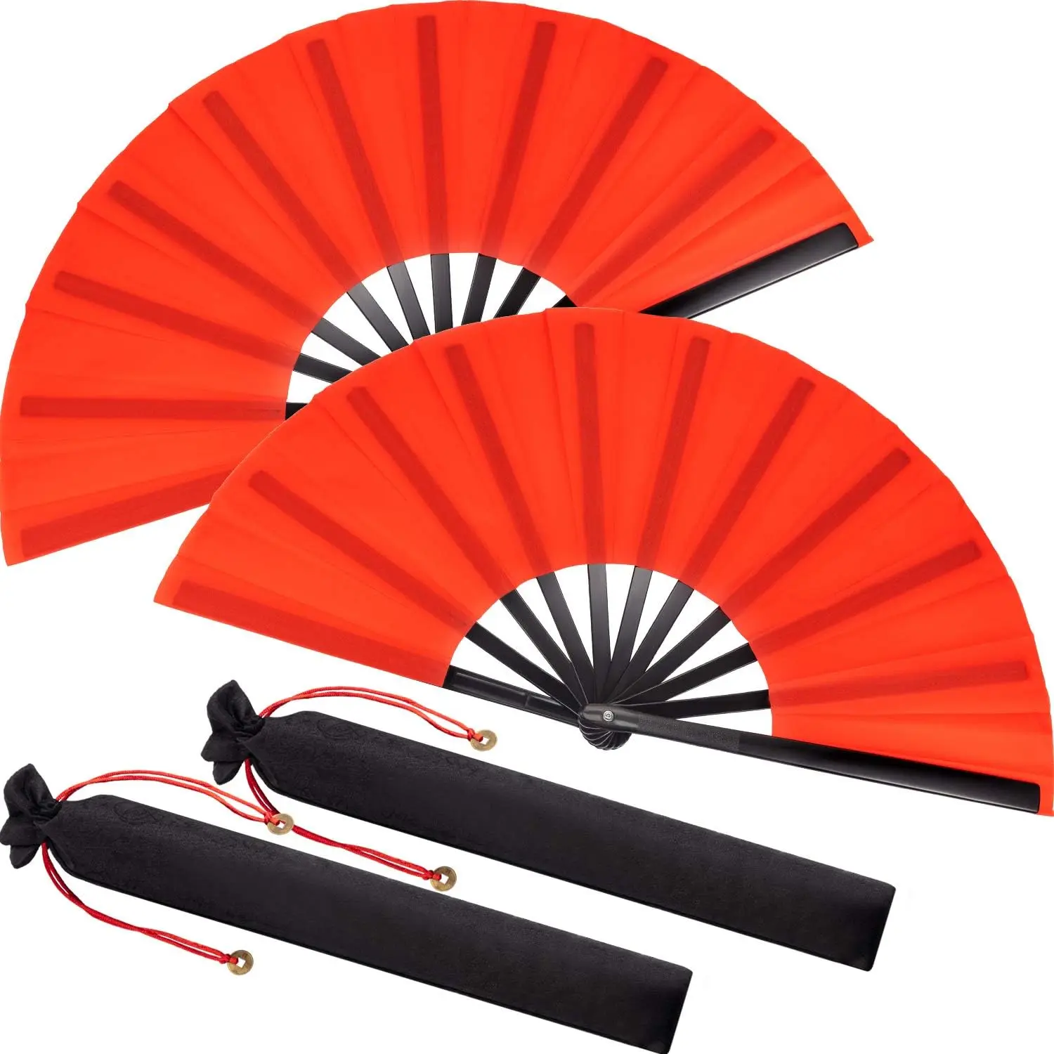 2-Pack Large Lightweight Plastic Clap Hand Fans, Red Chinese Folding Fans for Men - Home Decor, Cooling for Line Dancing, Tai Ji Gifts