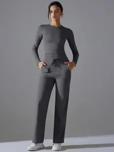 Women's Solid Long Sleeve Top & Pants Set, Casual Comfy Breathable Set for Yoga Gym Workout Running Clothes, Ladies Sportswear for All Seasons