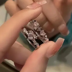Fashion Pink Heart Crystal Heart Rings Women Y2K Elegant Rhinestone Light Luxury Exquisite Bow Knot Finger Ring Jewelry Gifts