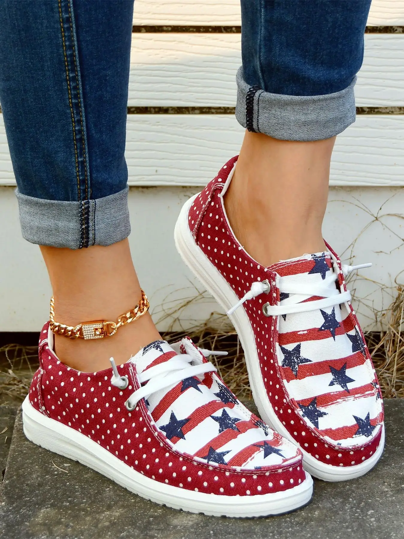 Women's Summer Fashionable Star & Striped Pattern Lace Up Front Canvas Shoes, Casual Comfortable Low Top Shoes for Women Daily Wear, Spring New Trendy