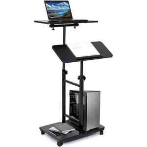 Height Adjustable Portable Rolling Podium Stand with Wheels, 2 Swivel Shelves, Mobile Lectern for Classroom Church Office Presentation (Black)
