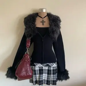 Cozy Plush Trim Detachable Hood Zip Up Coat Featuring Classic Cuff Details And Timeless Retro Daily Fashion Style