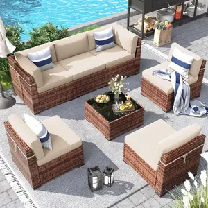 Patio Furniture Set, 7 Pieces Outdoor Modular Conversation Set Wicker Sectional Sofa for All Weather Rattan Patio Couch