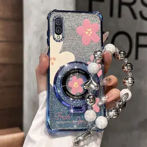 M02 Lovely Pink Flowers Transparent Magnetic Glitter Pearl Strap Lanyard Phone Holder Case with Shockproof Cover Compatible with For Samsung Galaxy M02
