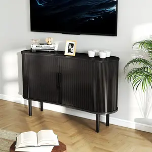 55in Storage Sideboard Modern Fluted Buffet Cabinet with Sliding Door and Solid Wood Legs for Kitchen Living Room Bedroom