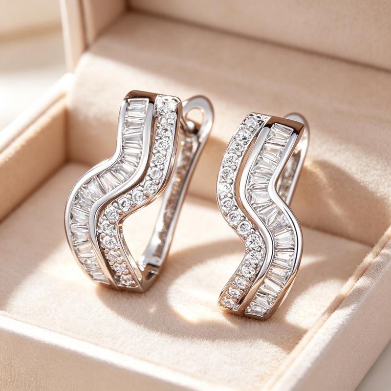 Women's Silver-Tone Wavy Hoop Leverback Earrings, Baguette Cut Sparkling Hoop Shape Earrings, Elegant Casual Evening Fashion Costume Jewelry Gift for Her