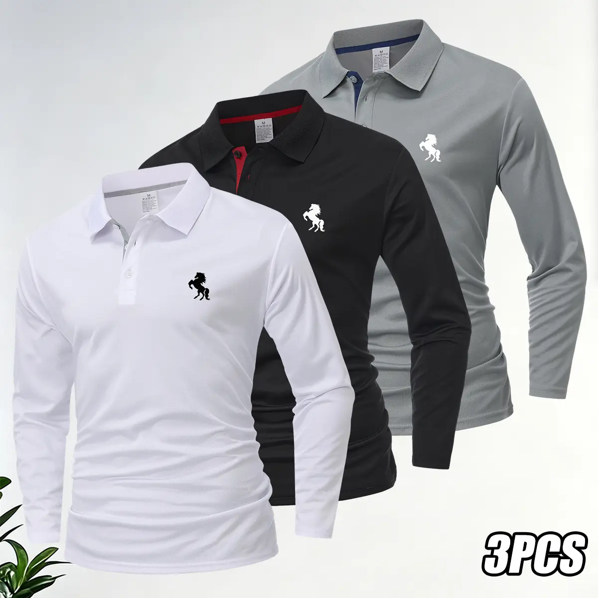 3 men’s long-sleeve polo shirts—suitable for golf, tennis, badminton, and everyday wear; suitable for casual and business occasions. Men’s polo shirts, men’s apparel, a gift for him.