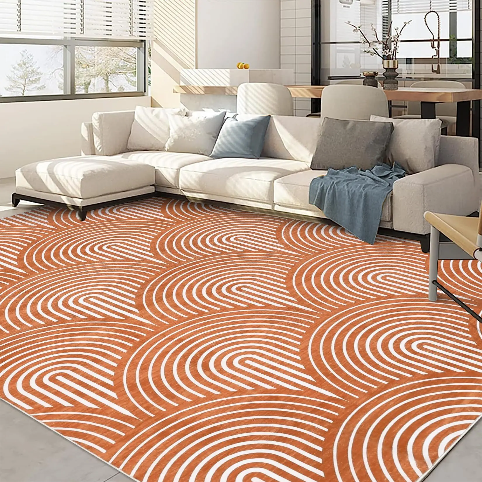 【Christmas Gift】Orange Washable Rug 8x10 Area Rug Geometric Rug Living Room Rug Non-Slip Large Rug for Bedroom Modern Abstract Rug Soft Modern Dining Room Mat Non-Shedding Floor Carpet for Nursery Dorm Apartment